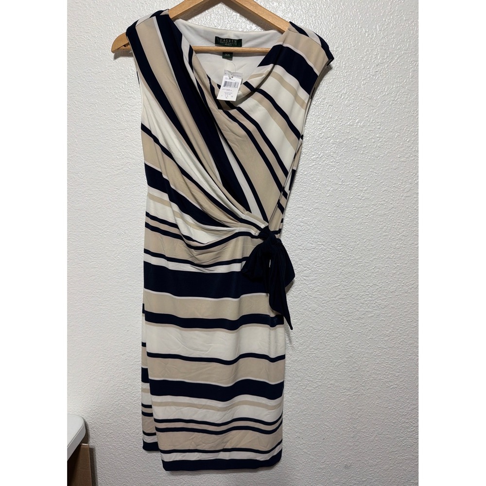 Lauren Ralph Lauren Striped Sleeveless Faux Wrap Sheath Dress Navy Tan White 8